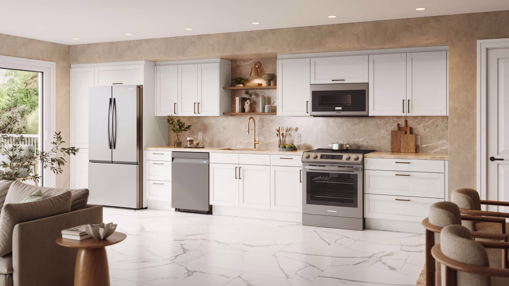 Lifestyle 3D rendering of a white shaker galley kitchen with sofa, dining area, and patio door