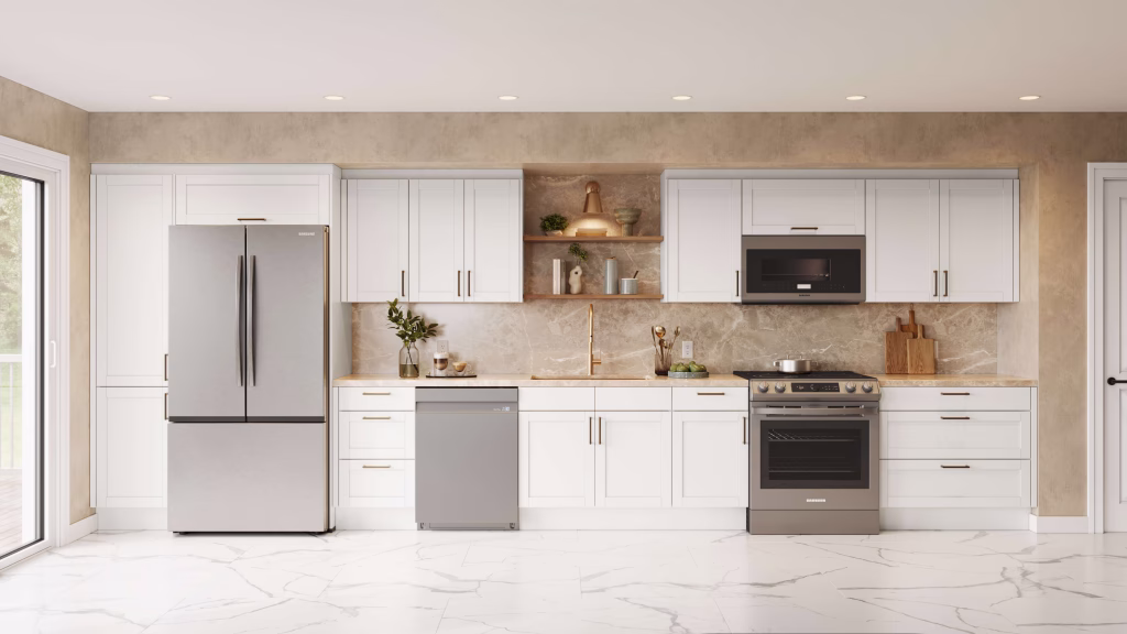 Lifestyle 3D visualization of a galley kitchen with white shaker cabinets, marble floor, stone backsplash, and open wood shelving