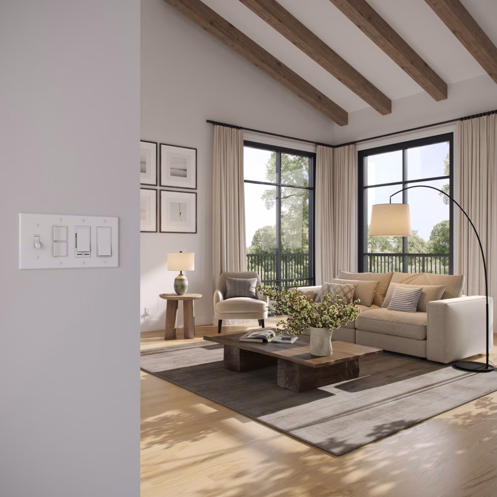 3D rendering of a living room with an arc floor lamp, dimmer and switch panel