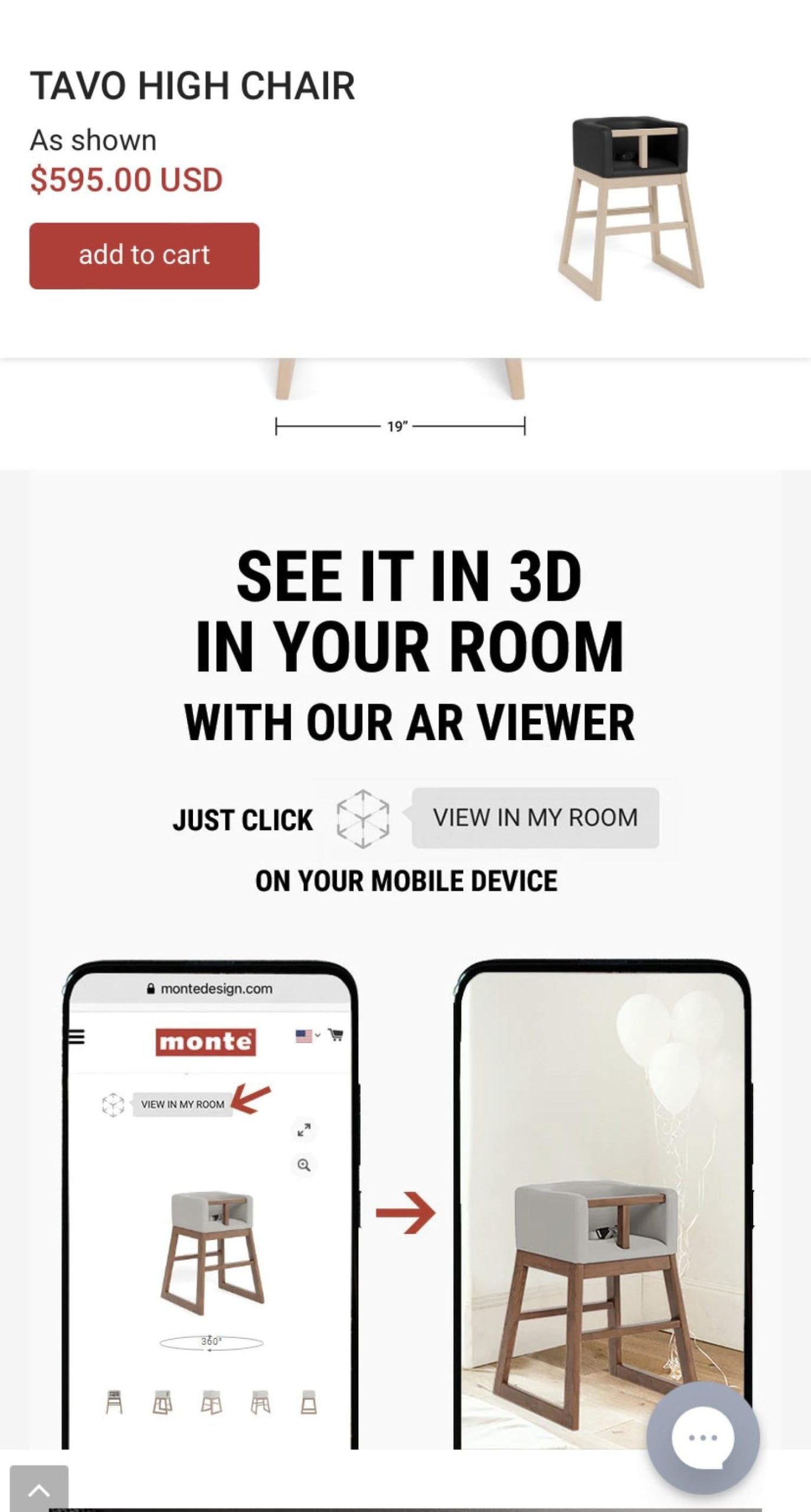 Monte Design mobile product page with Add to Cart and the See It in 3D In Your Room promo: View in My Room opens an AR preview of the high chair