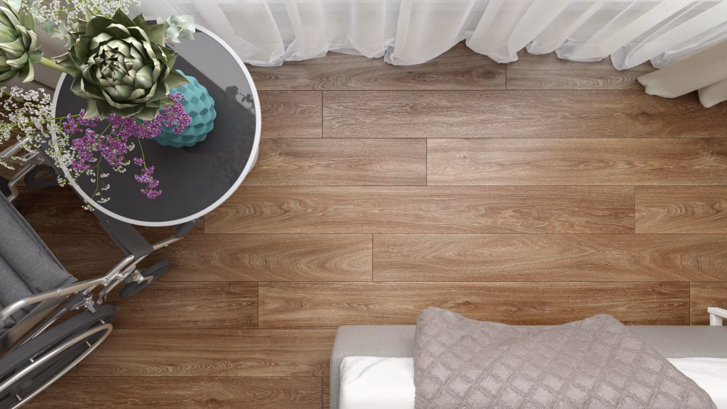 Top-Down View 3D Rendering of Oak Flooring in Care Facility