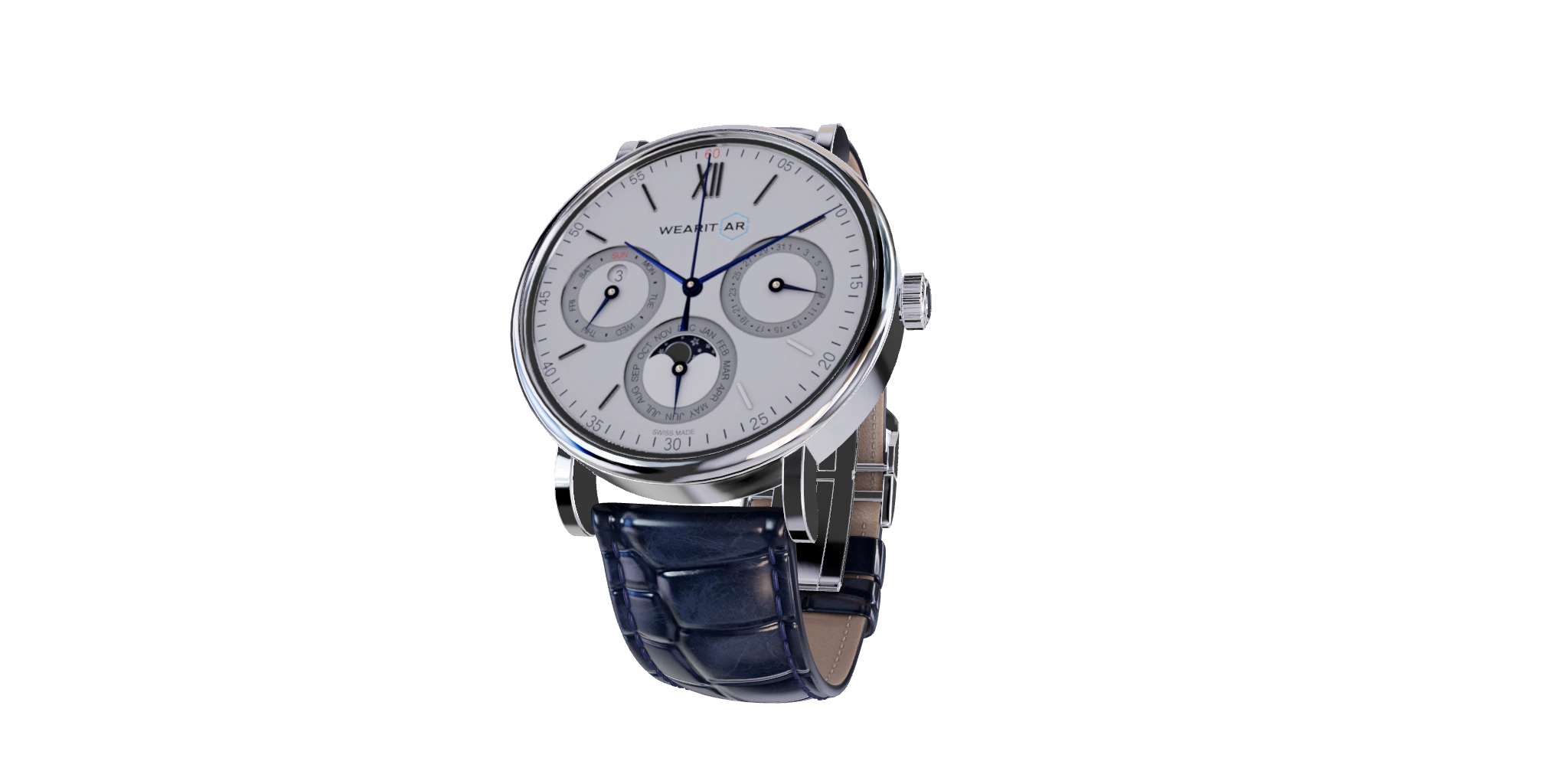 3D watch model detail: angled view showing glass reflections, crown, and leather strap texture
