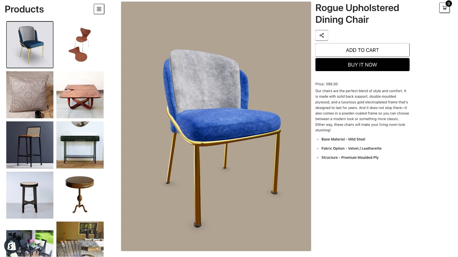 Shopify 3D viewer app demo: a product page with an interactive 3D dining chair, Add to Cart and Buy It Now buttons