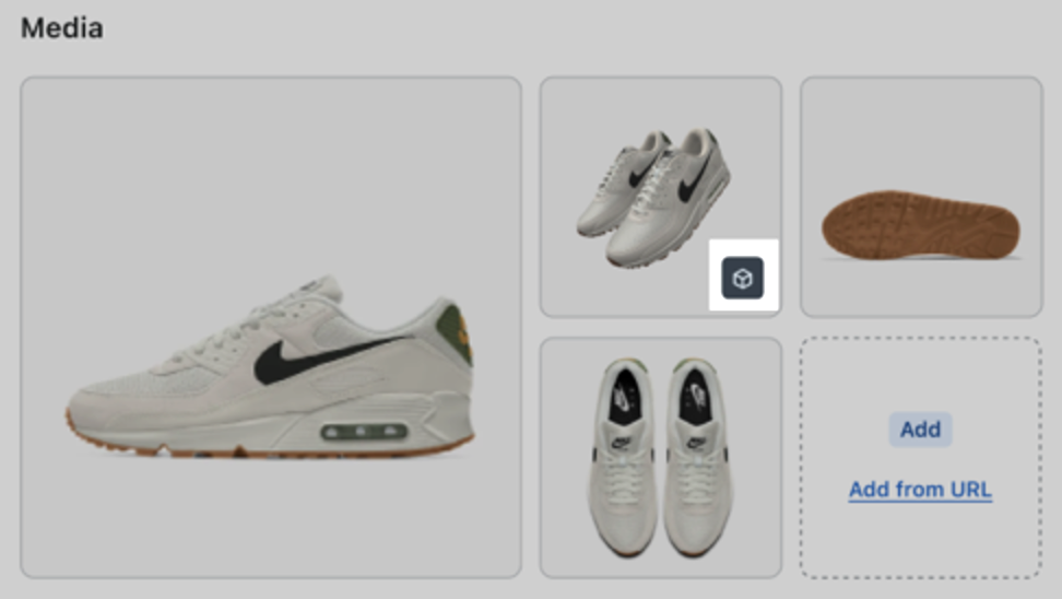 Shopify Admin Media section with a 3D model added as product media, marked with the 3D model icon
