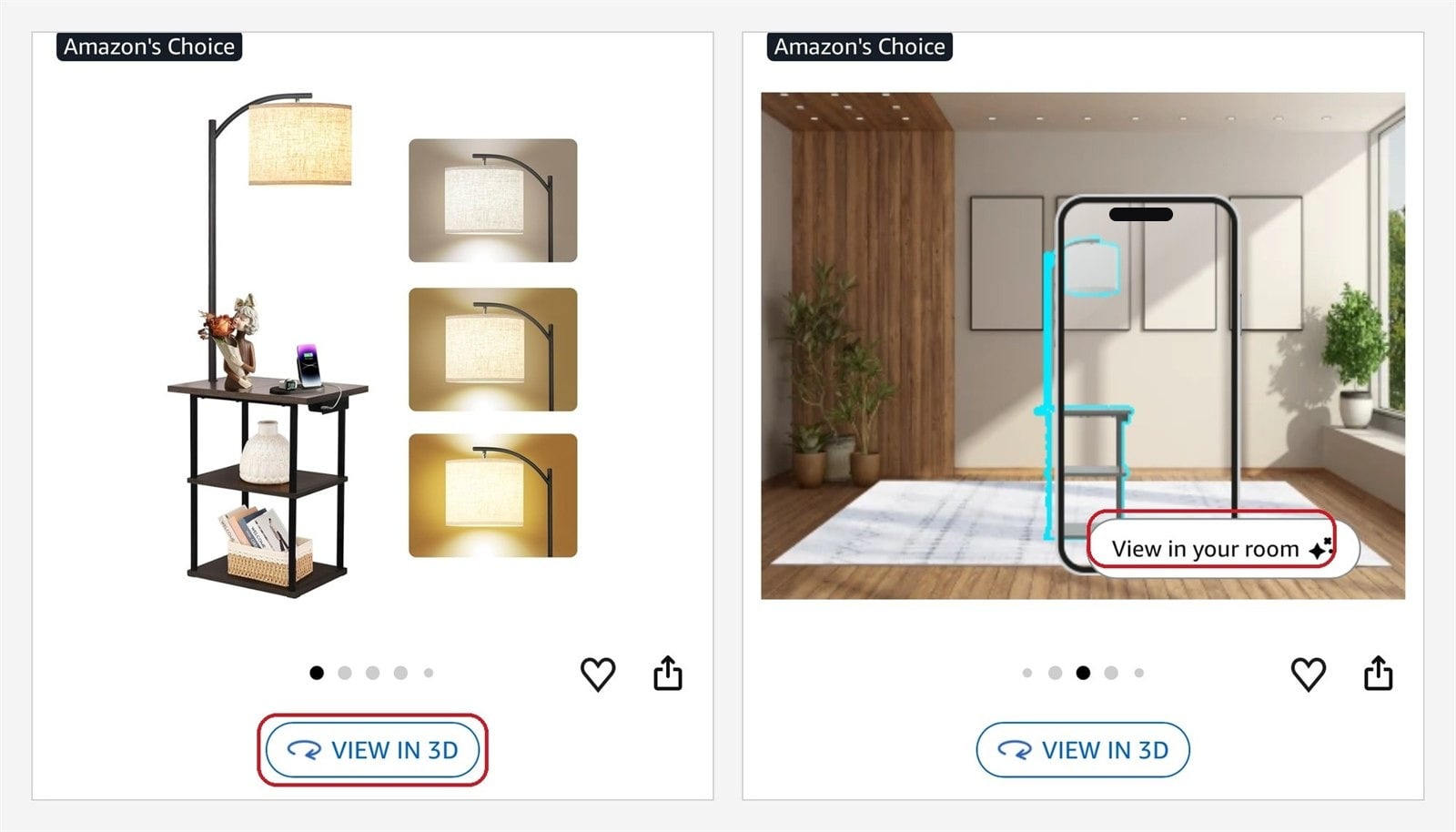 Two Amazon furniture listings: the View in 3D button and the View in Your Room AR preview