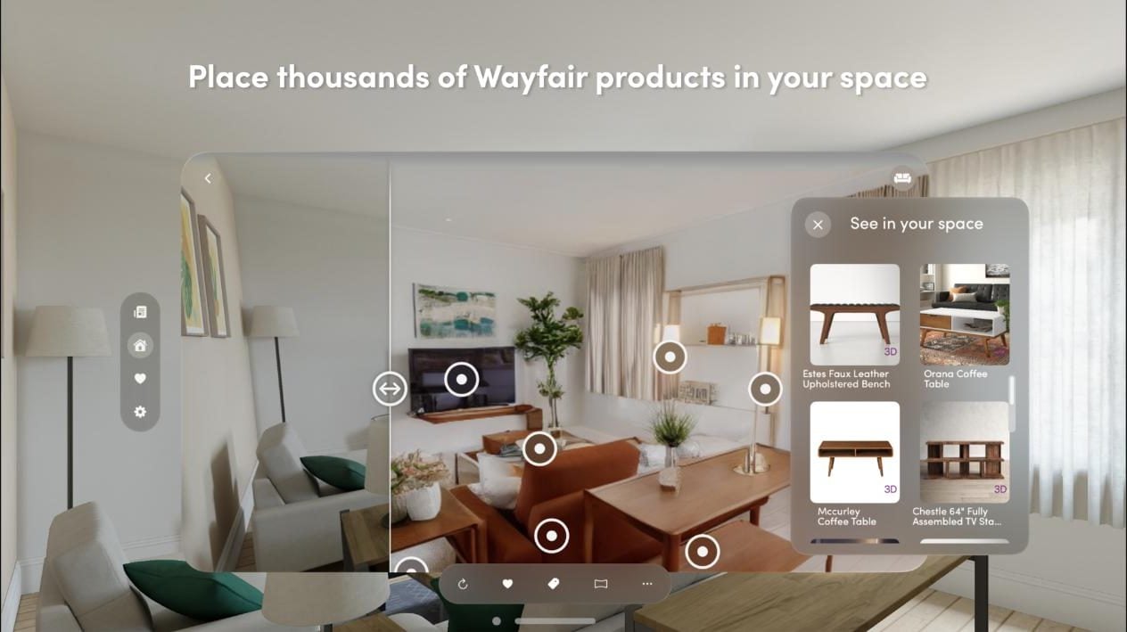 Wayfair spatial shopping experience: Place thousands of Wayfair products in your space, with a See in your space panel and 3D-badged products