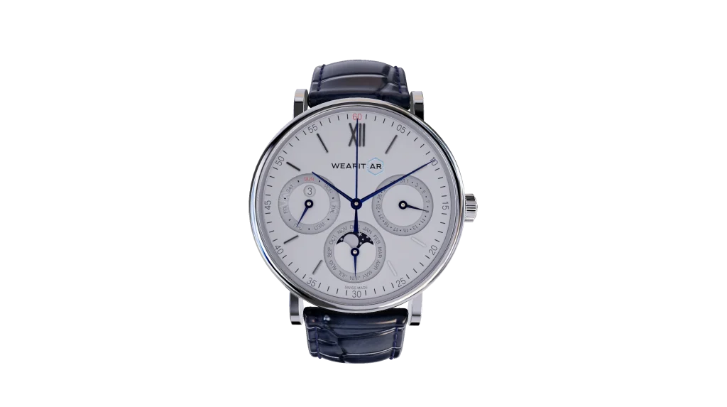 Photorealistic 3D watch model for Wearitar: front view of the dial with subdials and moon phase