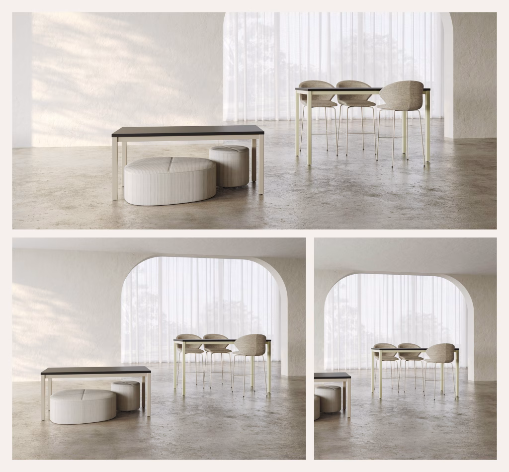 Collage of three 3D furniture renders of one scene in ERG's delivery formats: a wide website banner, a horizontal catalog crop and a vertical print/social cut, each showing a bench with ribbed poufs and a high table with bar stools
