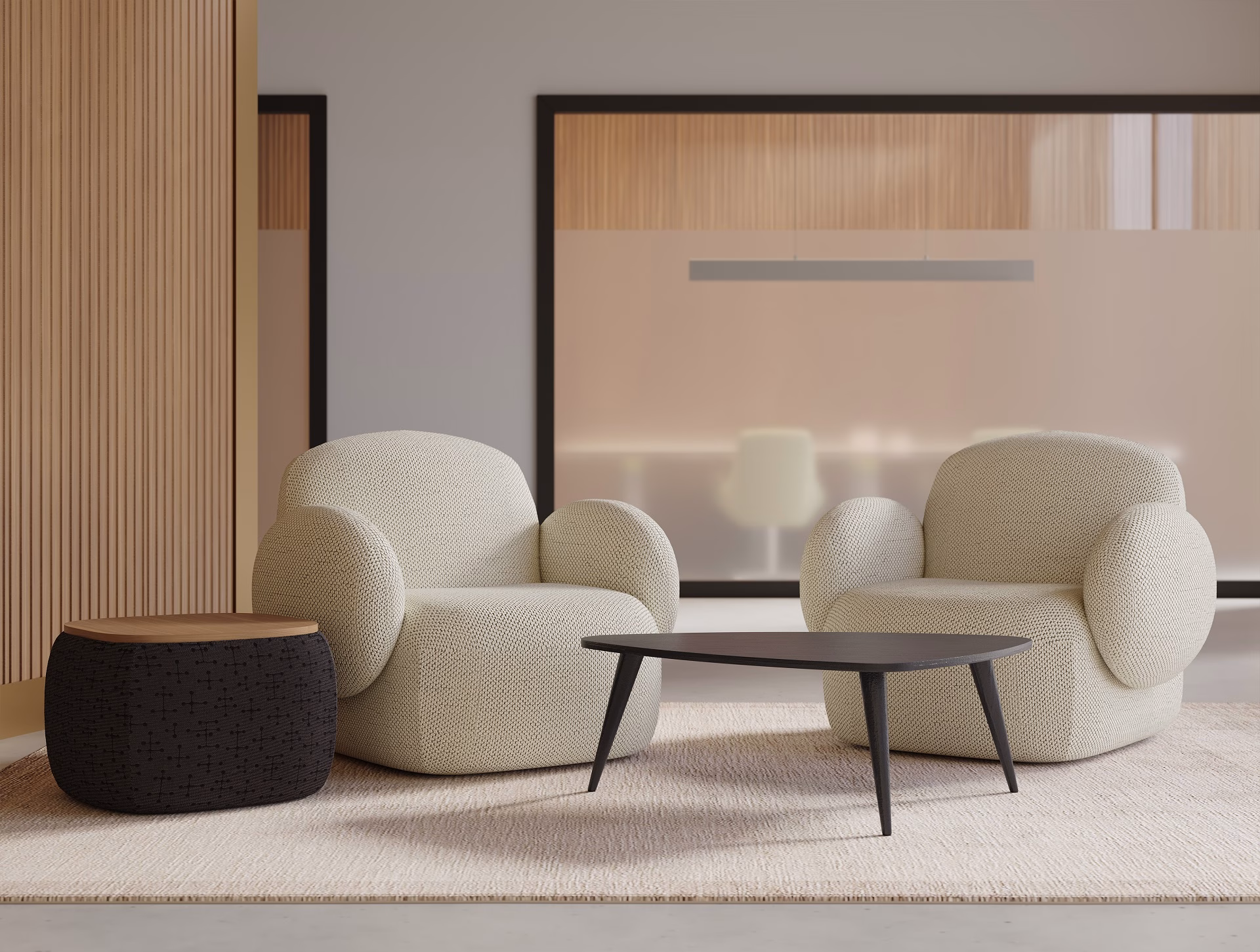 3D furniture visualization of two cream bouclé lounge chairs with a dark coffee table and patterned pouf in a modern lobby with slatted wood paneling and a large window