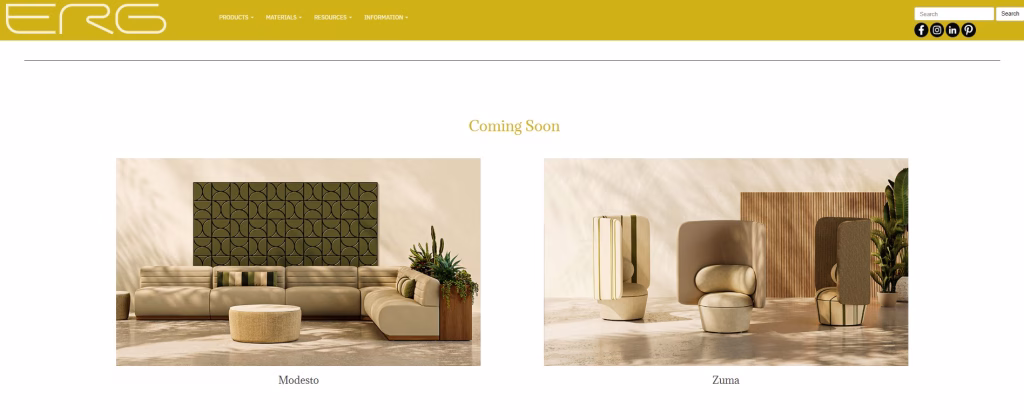 ERG International Coming Soon page featuring 3D visualizations of the Modesto modular sofa and Zuma acoustic lounge chair