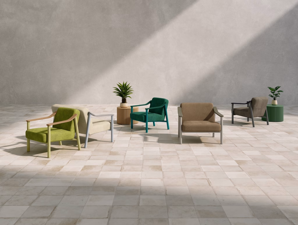 D furniture visualization of four lounge chairs in green, cream, teal, and brown colorways arranged on a sunlit tile floor with side tables