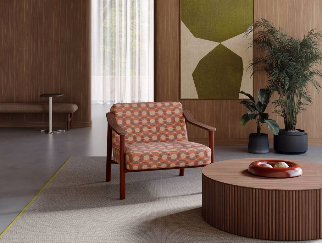 3D furniture visualization of a lounge chair in retro orange circle-pattern upholstery with walnut arms in a mid-century paneled lobby