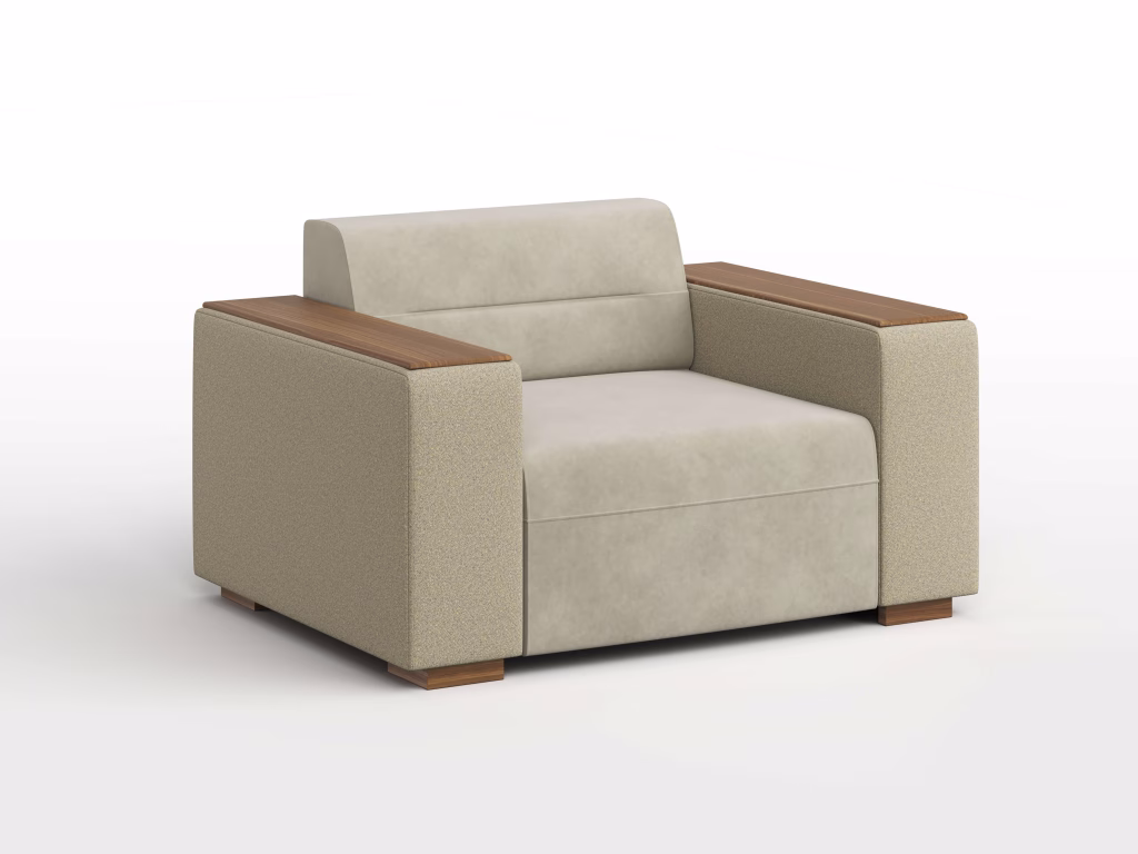 3D product visualization of a lounge chair with walnut arm caps and cream two-tone upholstery on a white background