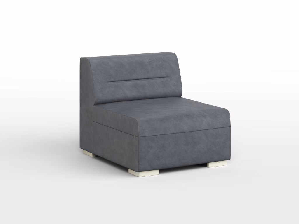 3D product visualization of a modular single seat unit with gray upholstery on a white background