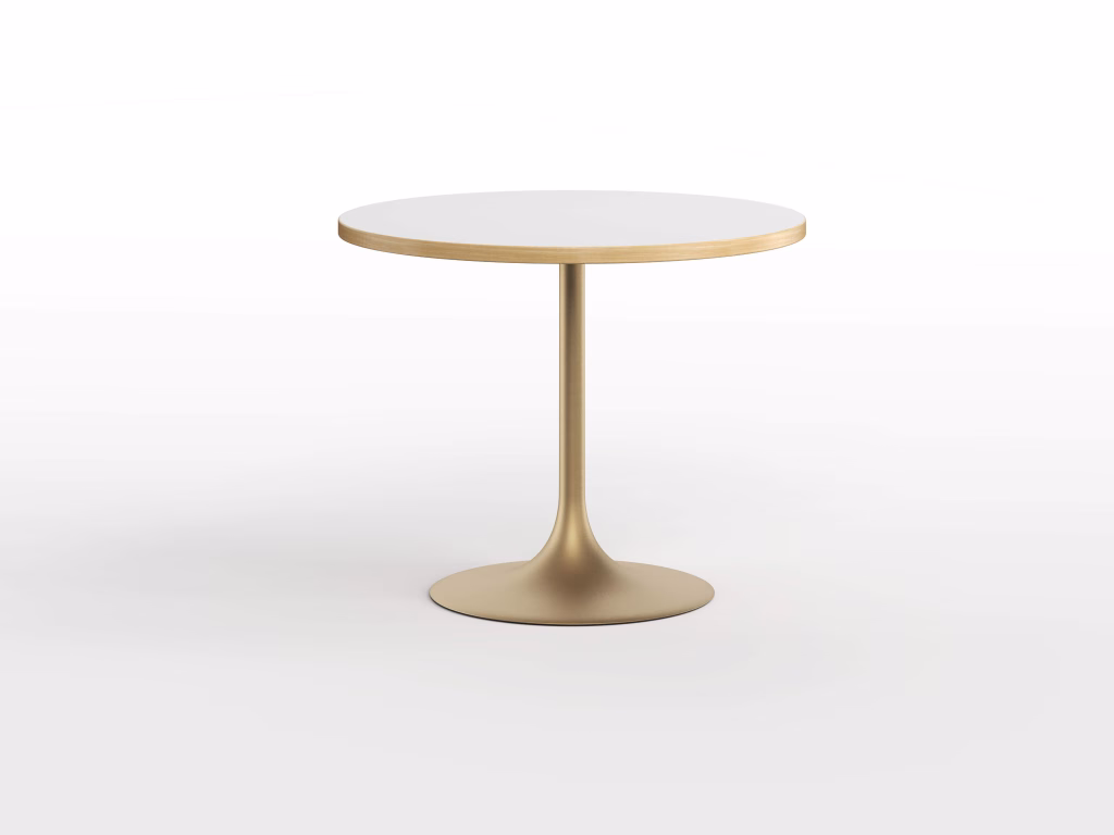 3D product visualization of a round tulip table with a white top and brass pedestal base on a white background