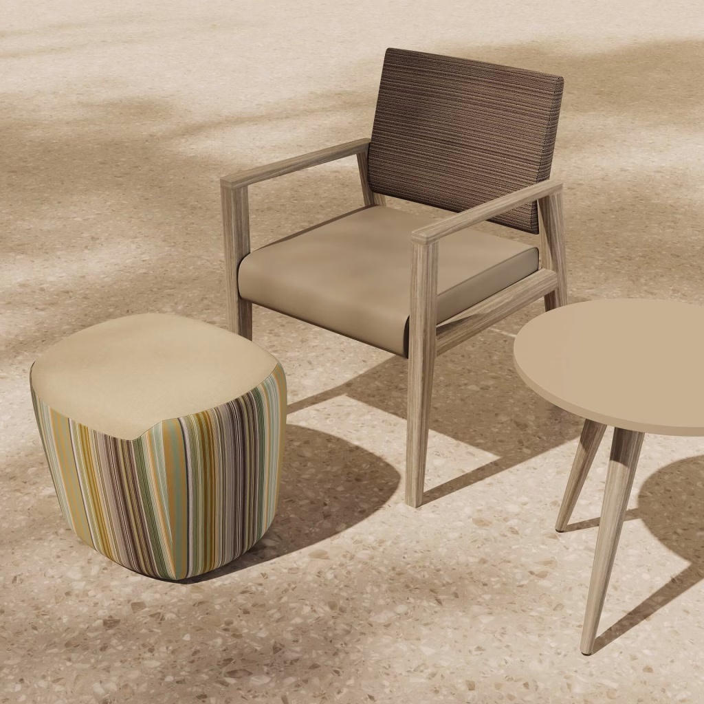 3D furniture visualization vignette of a textured armchair with a striped pouf in light leather cap and a round side table on terrazzo