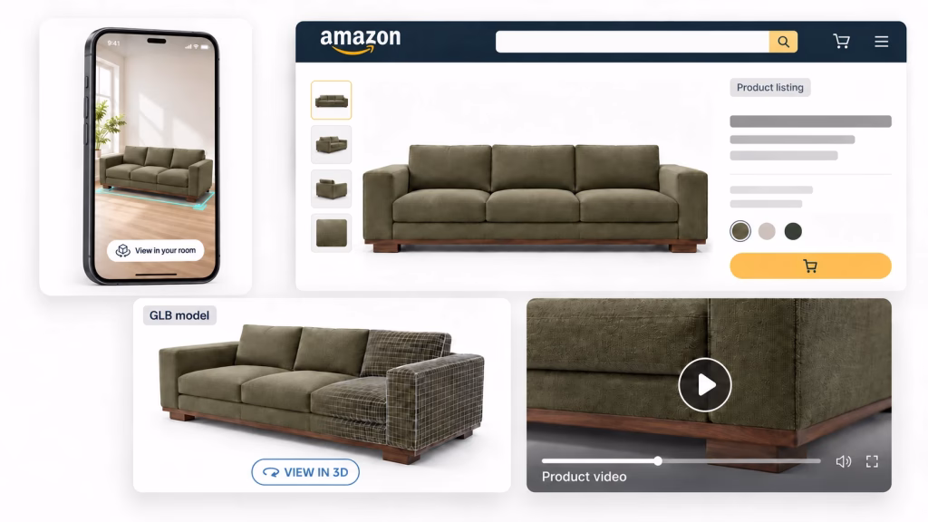An olive sofa on an Amazon product listing, previewed in a room with View in Your Room, as a GLB model with View in 3D, and in a product video