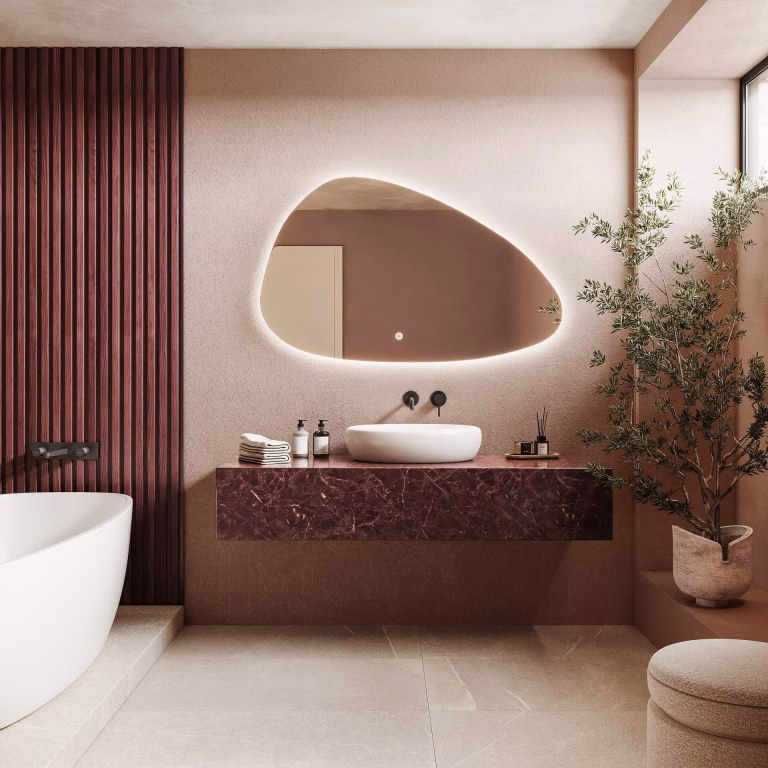3D rendering of a backlit LED mirror above a floating red marble vanity with a white vessel basin and black wall-mounted faucet