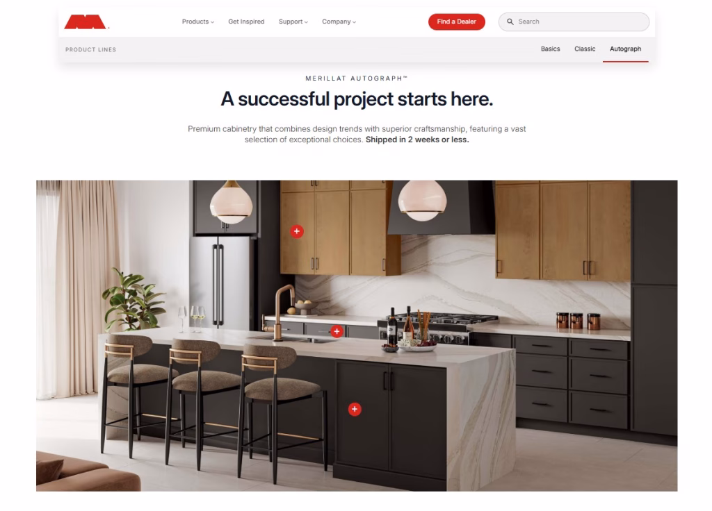 Merillat Autograph product line landing page with a 3D rendered kitchen as the hero image