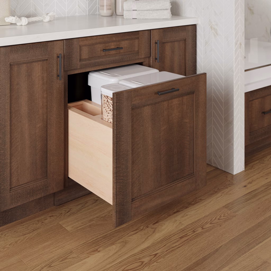 3D visualization of a dark stained cabinet with a pull-out double waste bin drawer in a utility room
