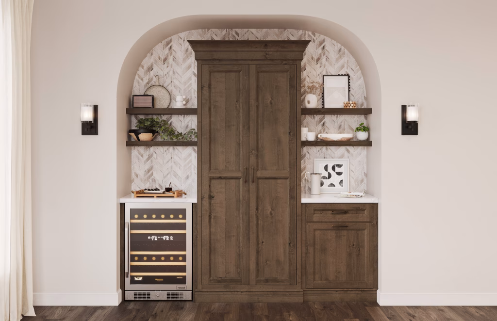 3D visualization of an arched bar niche with a weathered wood tall cabinet, wine cooler, and floating shelves