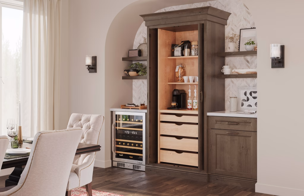 3D visualization of an arched bar niche with tall cabinet doors open showing coffee station shelves and drawers