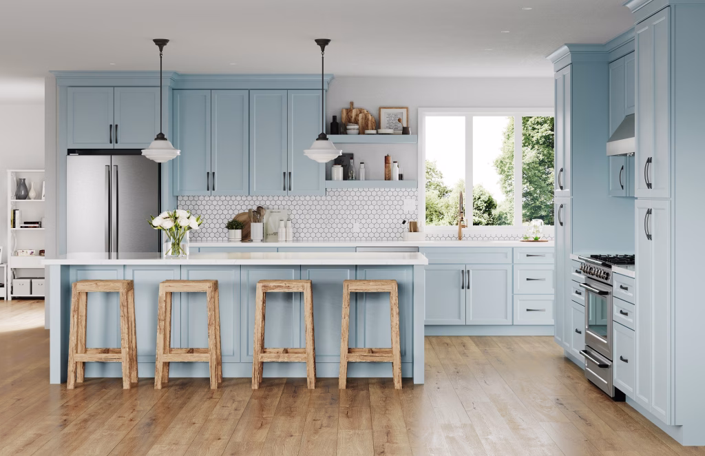 3D visualization of a kitchen with Caribbean blue shaker cabinets, hexagonal backsplash, and oak hardwood floors
