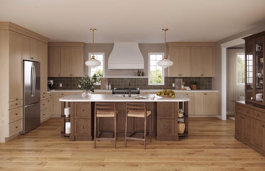 3D visualization of a craftsman-style kitchen with light maple perimeter cabinets and dark walnut island