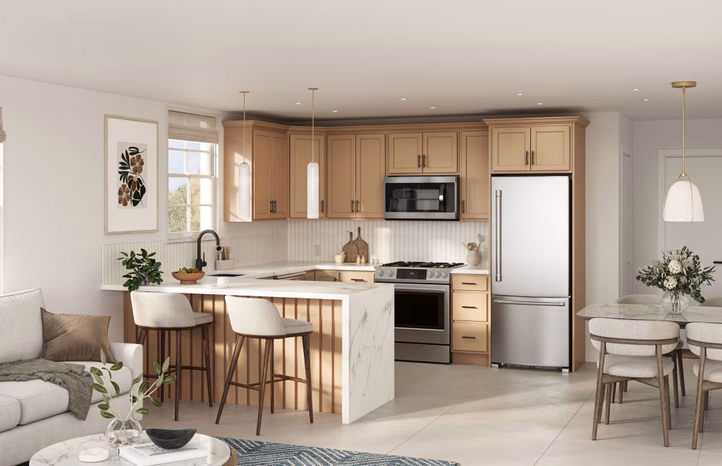 3D visualization of an open-plan kitchen with light maple Denison cabinets, marble waterfall peninsula, and fluted panel detail