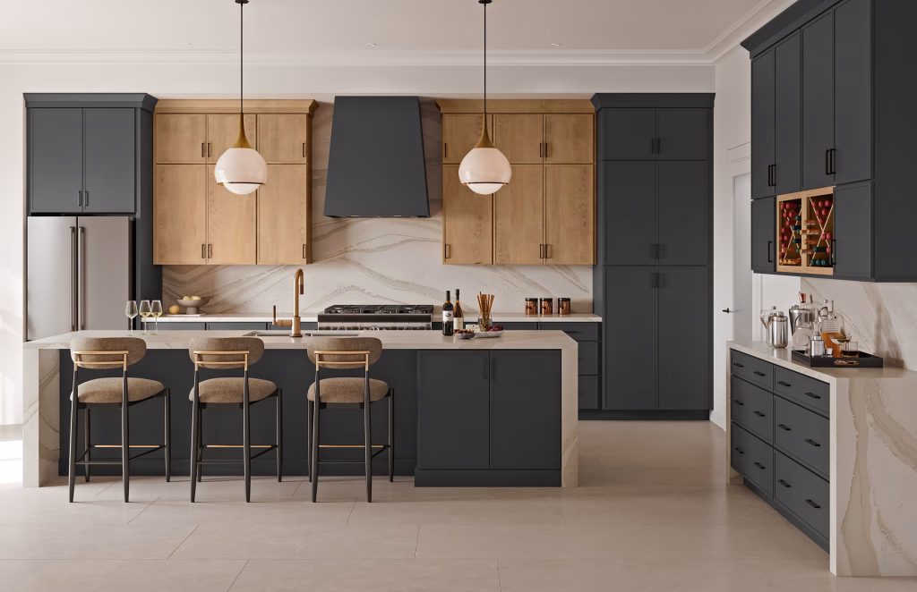 3D visualization of a contemporary kitchen with charcoal and natural wood cabinets and marble backsplash