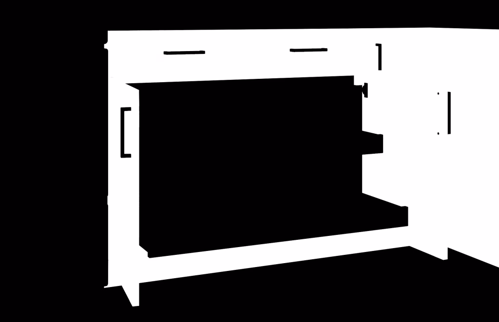 Black-and-white mask isolating cabinet door fronts for post-production color correction