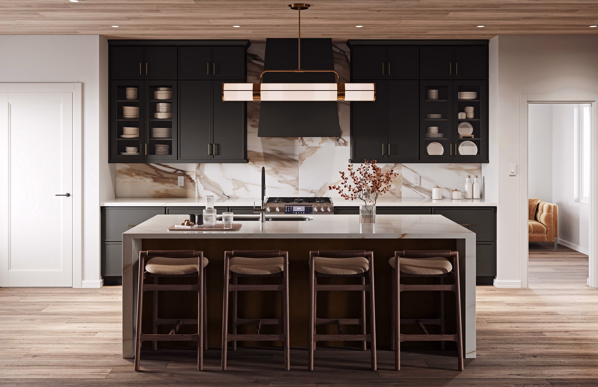 Kitchen rendered with black cabinets and wood accents