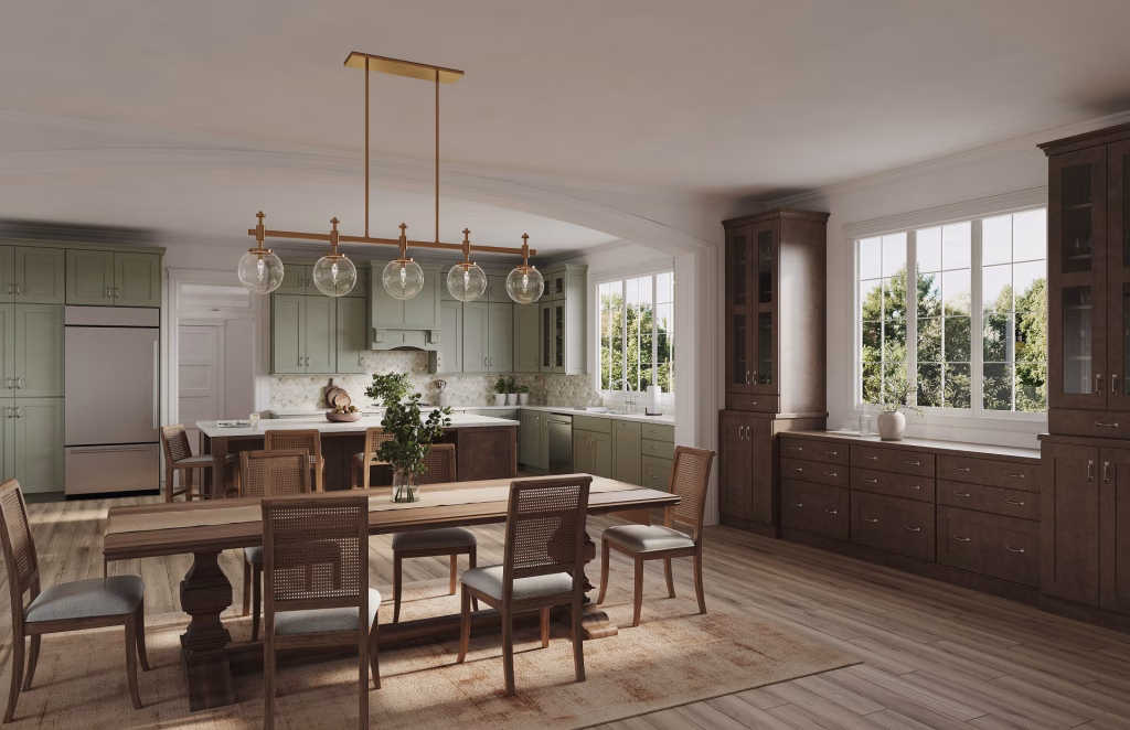 3D visualization of an open-plan kitchen and dining room with sage green cabinets and walnut buffet