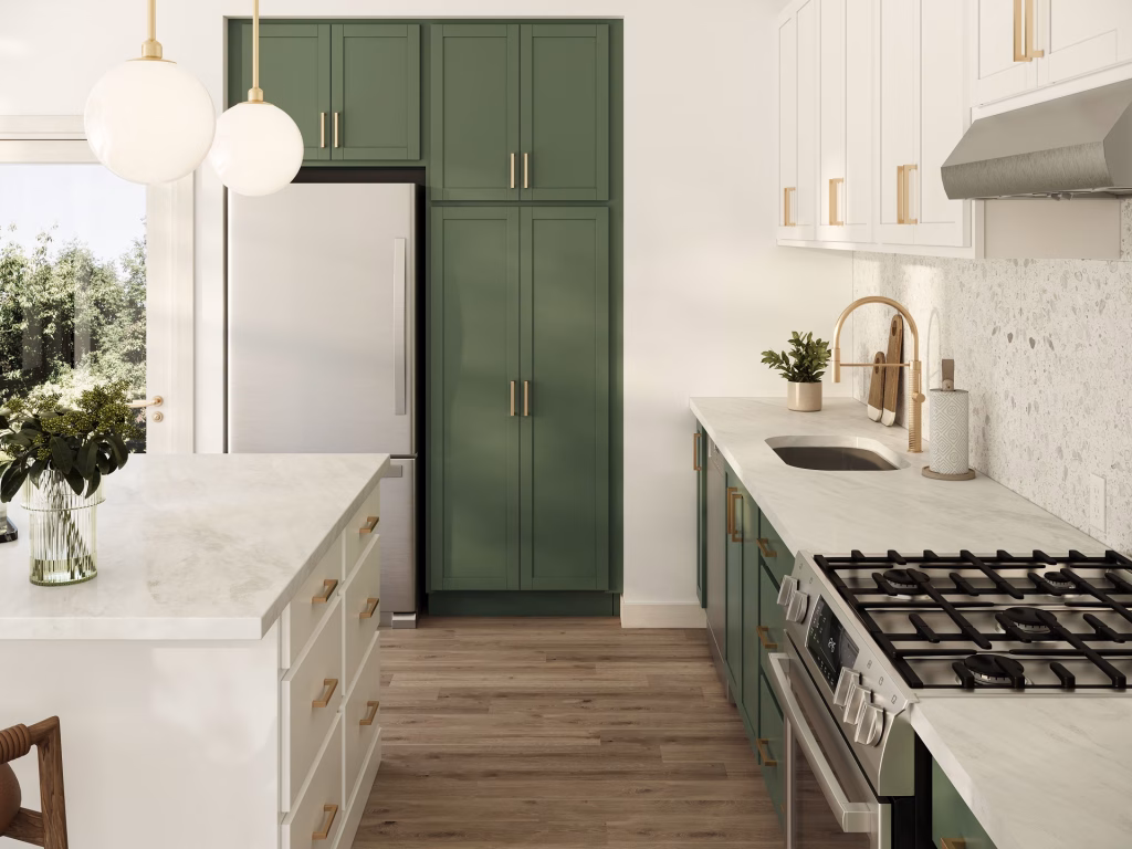 3D visualization of a galley kitchen with white and olive green half-overlay cabinets and brass hardware