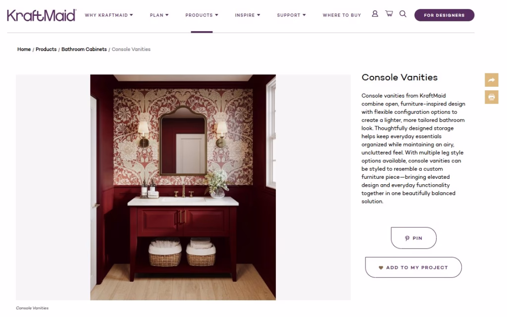 KraftMaid product page for console vanities with a 3D rendered bathroom scene