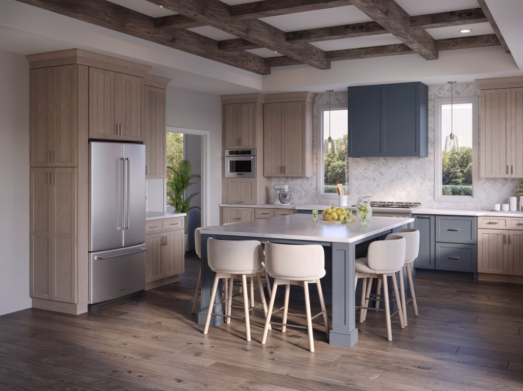 3D visualization of a coastal kitchen with light oak and slate blue cabinets, exposed beam ceiling