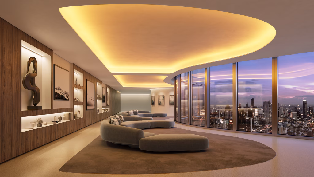 Product CGI of Curved Ceiling Light in Penthouse Lounge