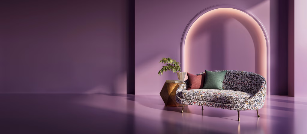 Product 3D Rendering of Floral Upholstery Fabric on Sofa