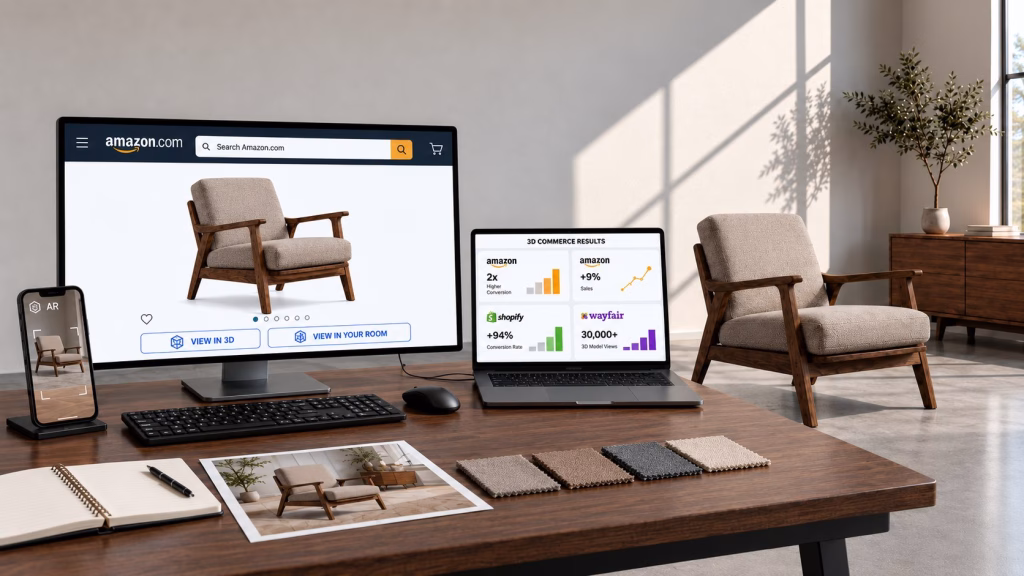 One armchair across every channel: the Amazon listing with View in 3D and View in Your Room on a monitor, AR preview on a phone, 3D commerce results on a laptop, and the real chair in the room