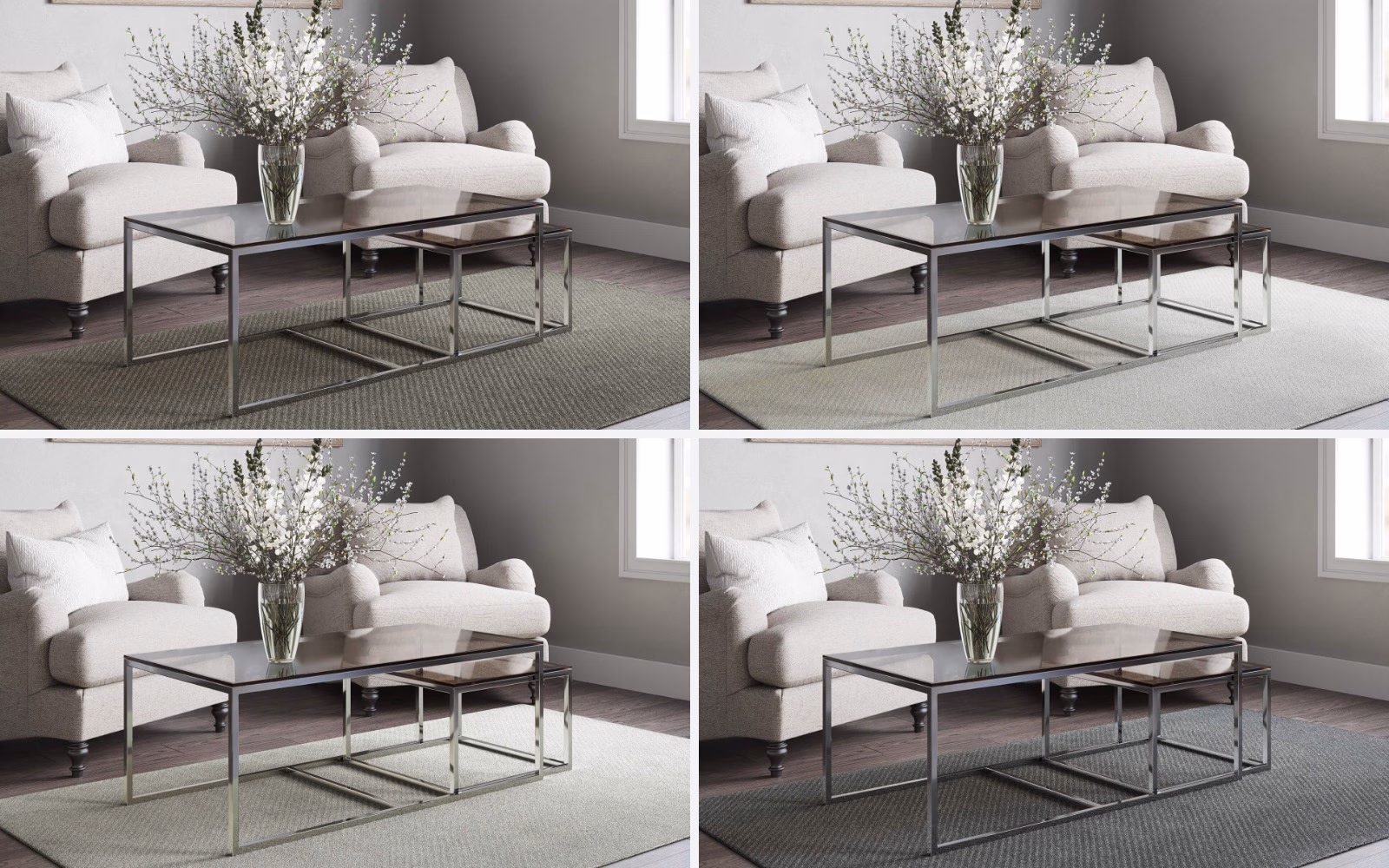 The same living room rendered with the rug in four colorways