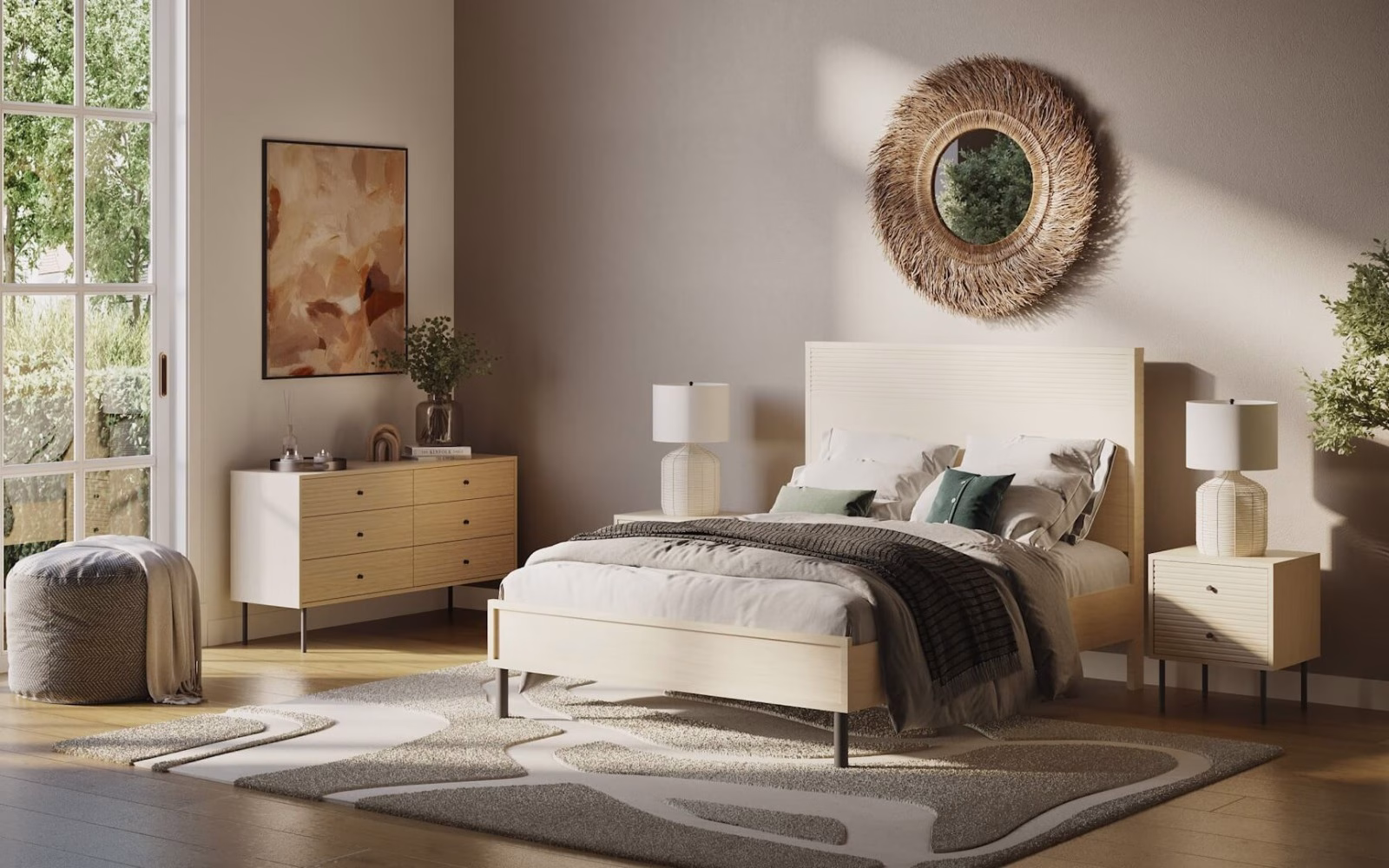 Bedroom scene with a textured area rug under the bed