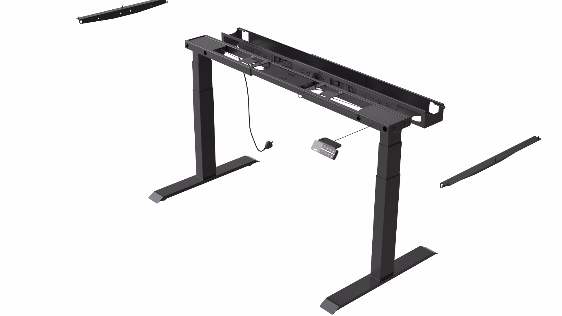 Standing desk frame in exploded view showing crossbars, legs and cable tray