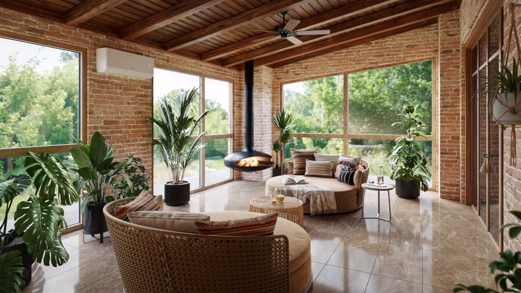 Product 3D Rendering of Wall-Mounted Air Conditioner in Sunroom