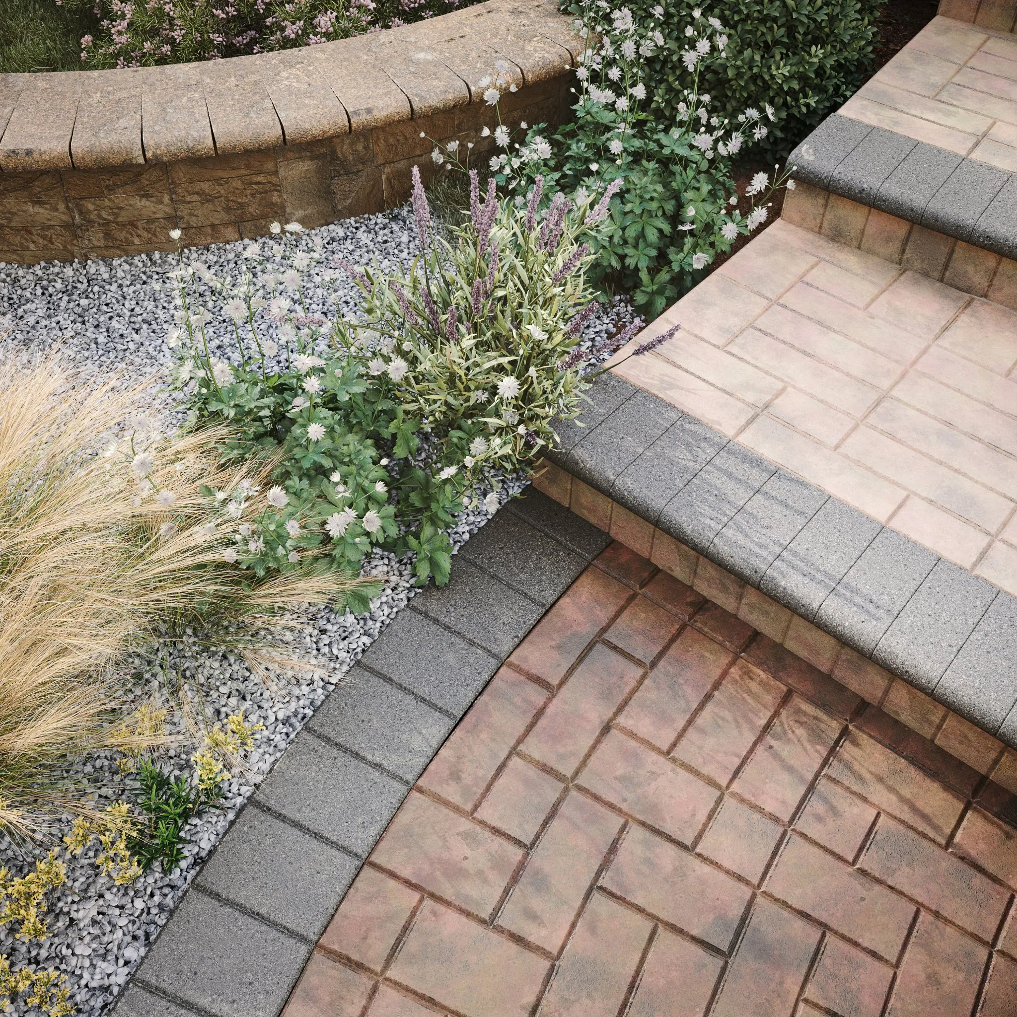 Close-up 3D rendering of red brick pavers with grey edging and a step