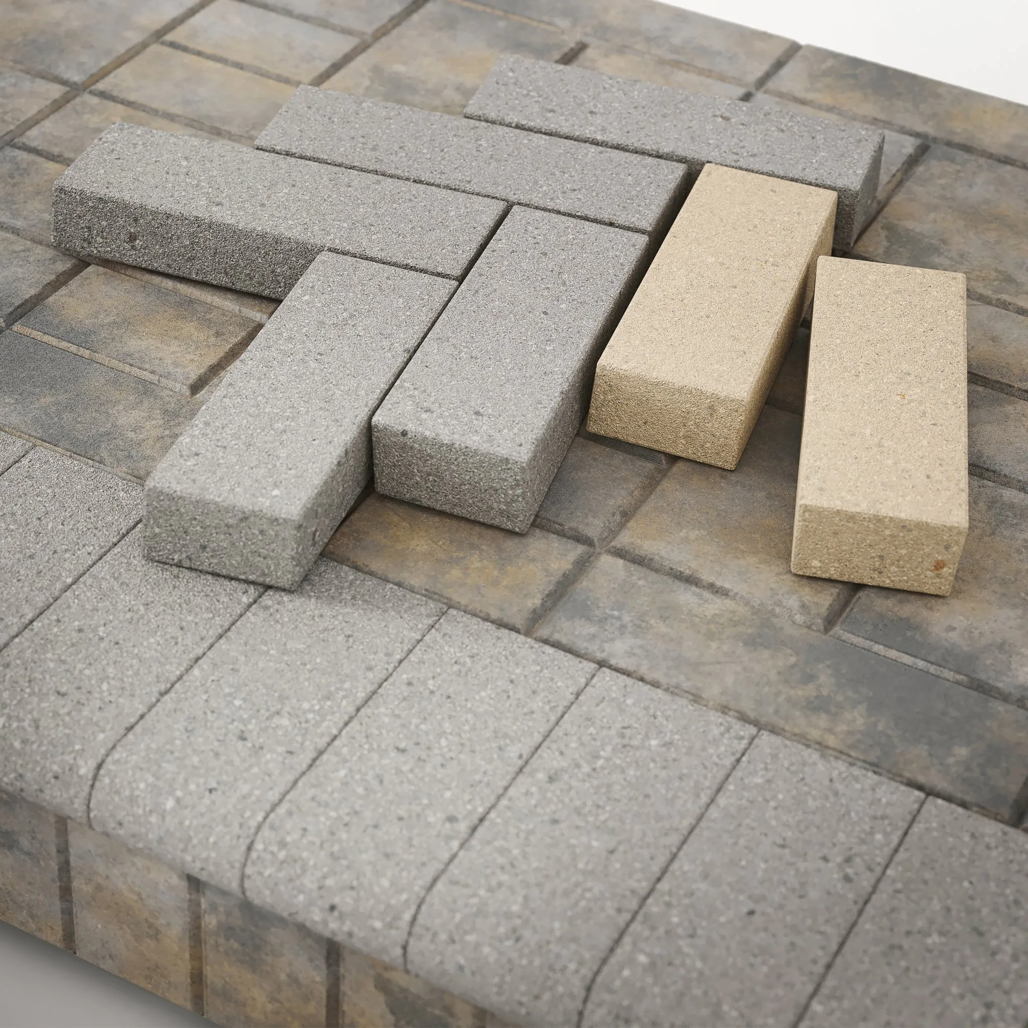 Close-up 3D rendering of grey and sand concrete pavers resting on laid paving