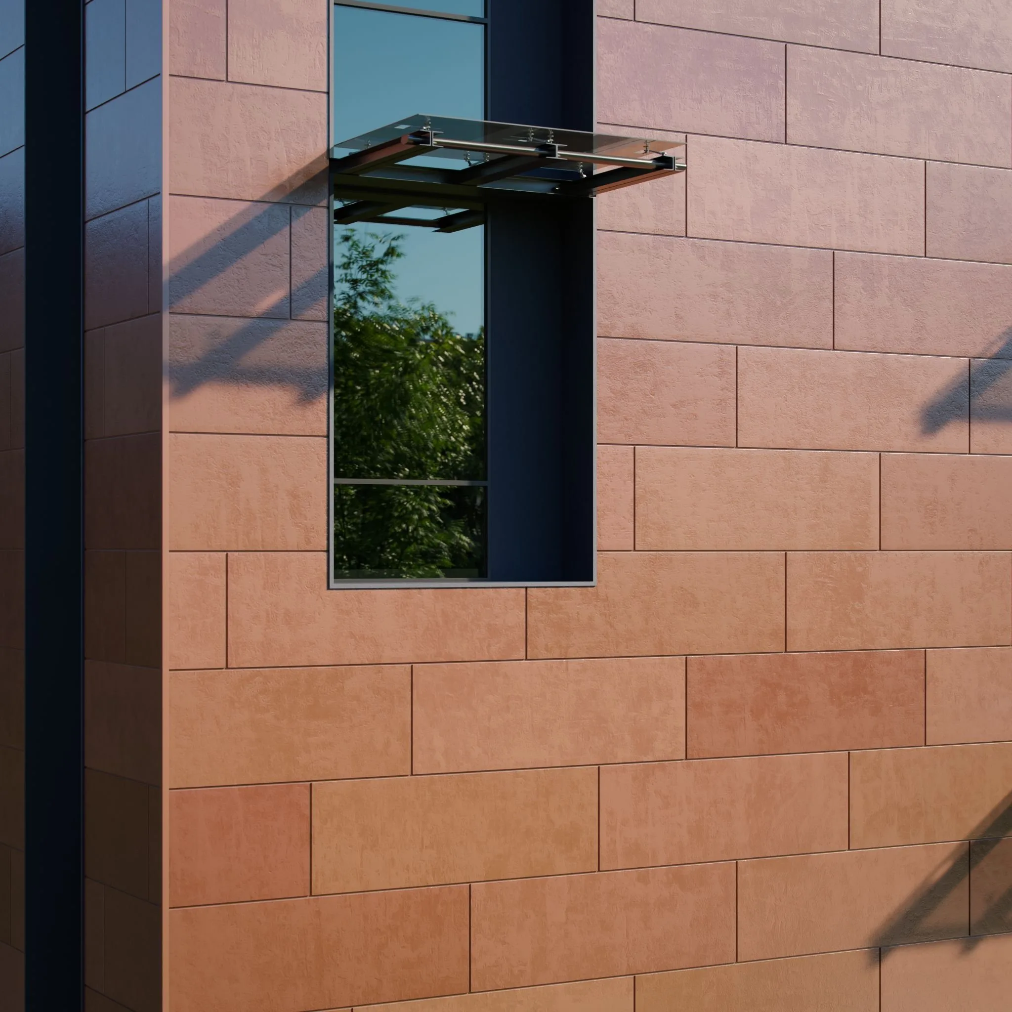 Close-up 3D rendering of red facade cladding panels around a window with a glass canopy