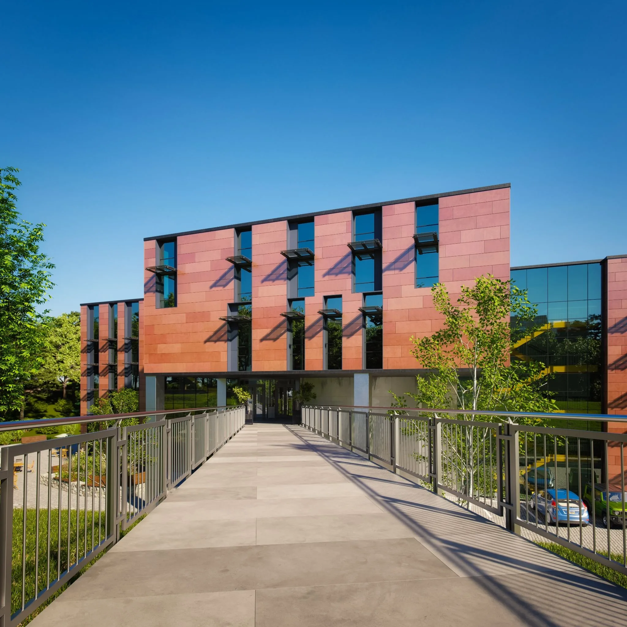3D rendering of a commercial building with red facade cladding panels seen from a footbridge