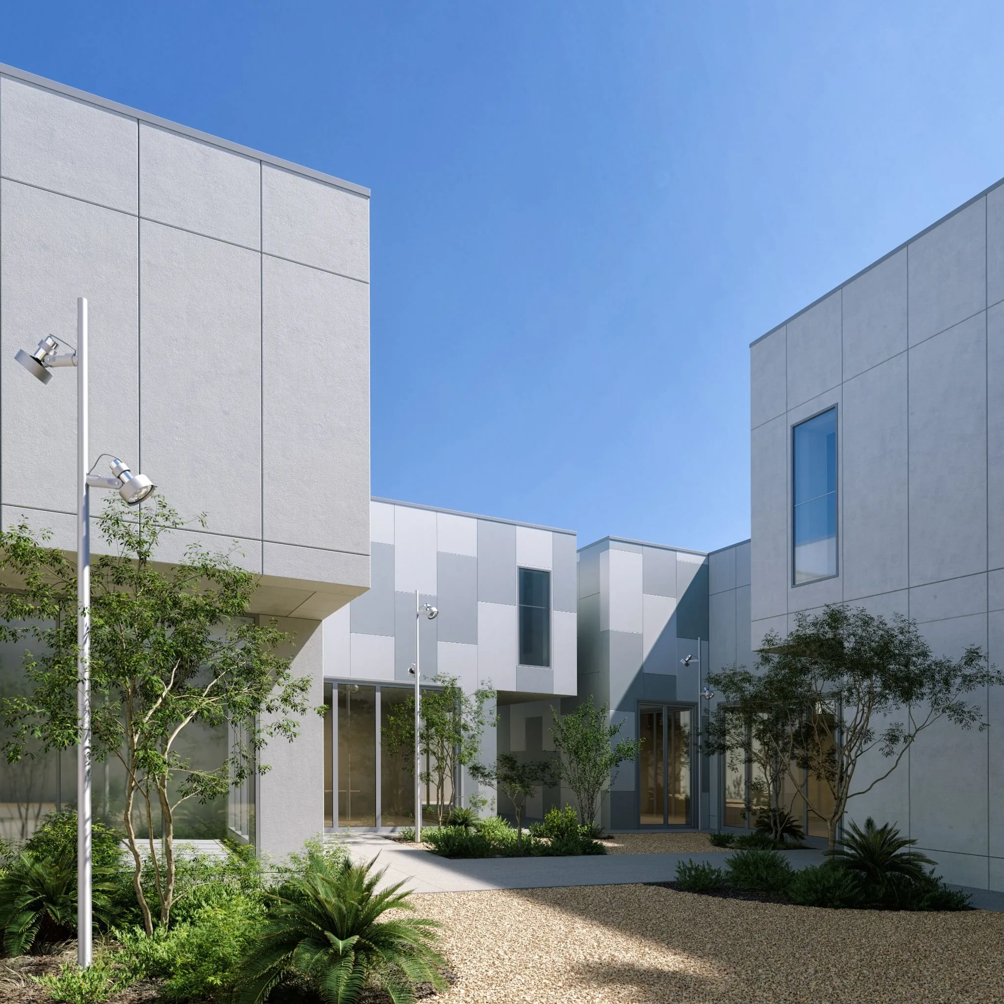 3D rendering of a courtyard between buildings clad in large grey facade panels