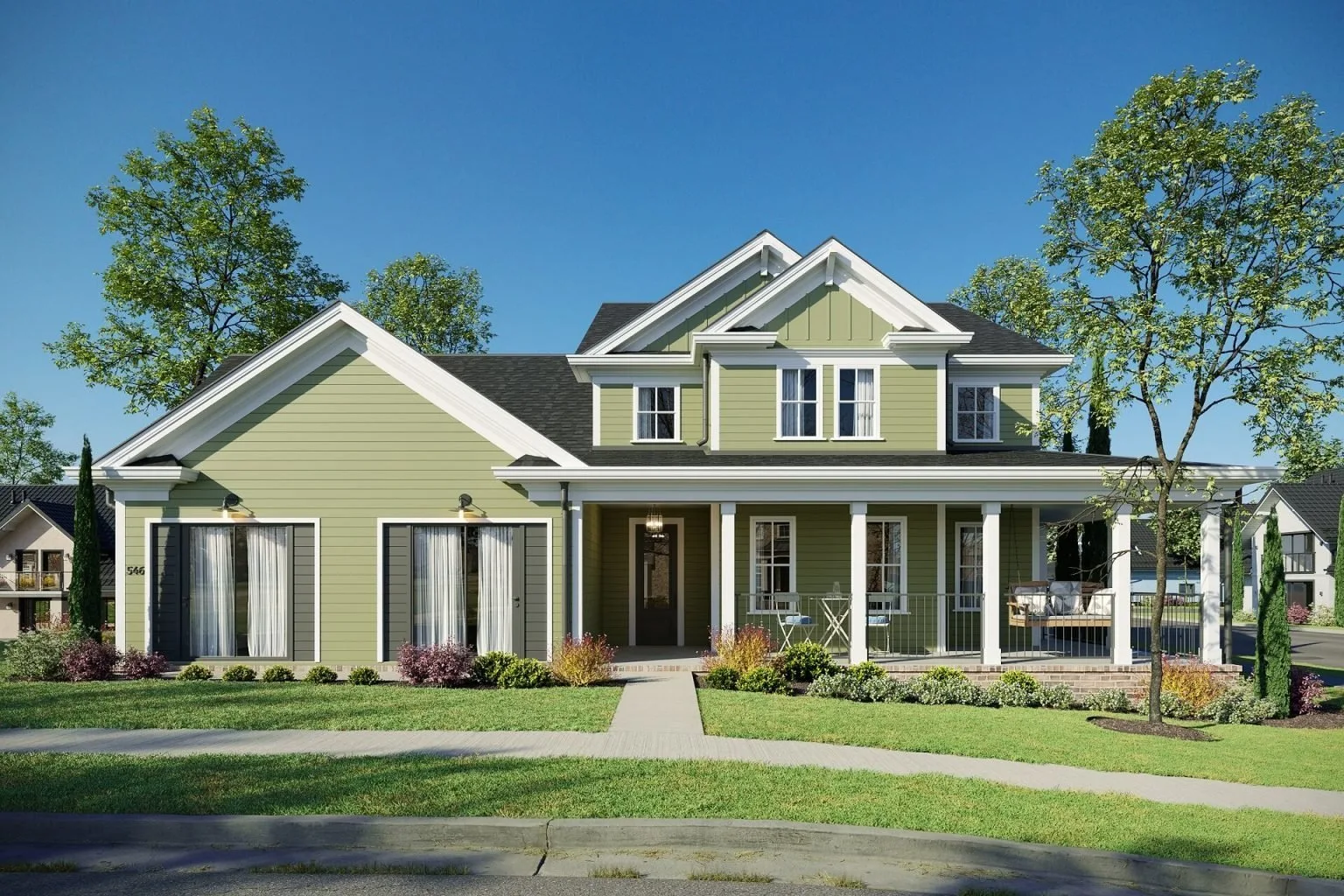 3D rendering of a two-storey house with green lap siding and a covered porch