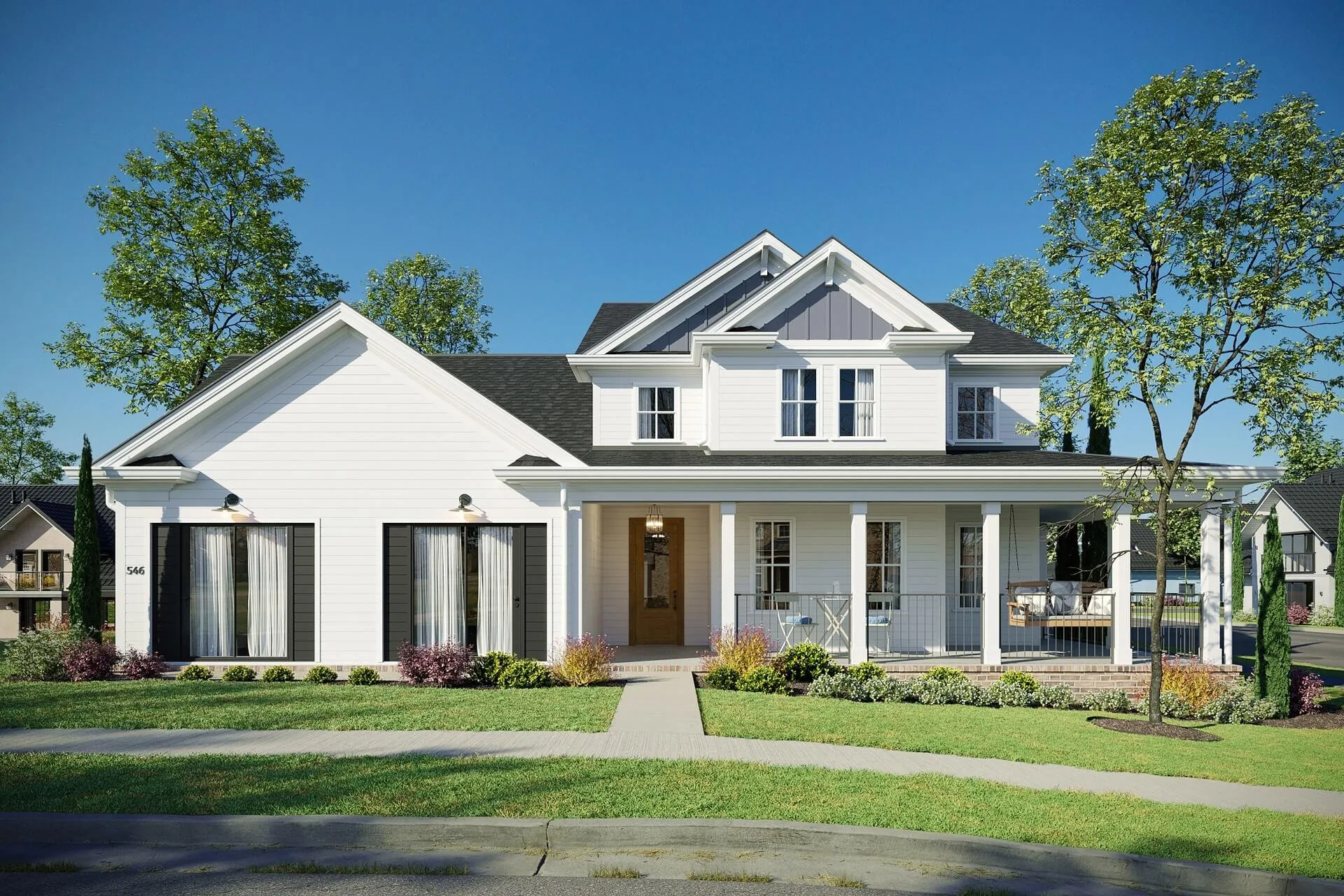 3D rendering of a two-storey house with white lap siding and a covered porch